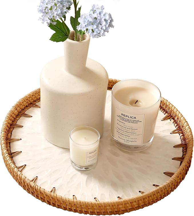 Round Rattan Tray with Mother of Pearl Inlay & Wooden Base - Decorative Wicker Serving Tray for Coffee/Bread/Fruits, Food Storage & Display - Multipurpose Home Decor (M,White Leaves)