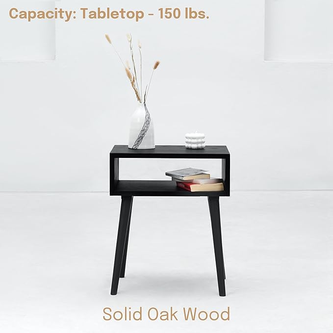 NTC Solid Oak Zoe Nightstand, Mid Century Modern Side Table Bedroom, Bedside Furniture, Night Stand, End Table, Easy Assembly - Burnt Black
