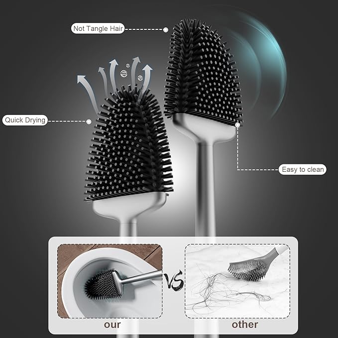 Sellemer Toilet Brush and Holder Set - Flexible Toilet Bowl Brush Head with Silicone Bristles, Compact Size for Storage and Organization, Ventilation Slots Base (1 Pack, Silver)