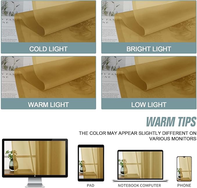Gold Sheer Curtains for Window 72 inches Long 2 Panels Set, Soft Airy Modern - Image 6