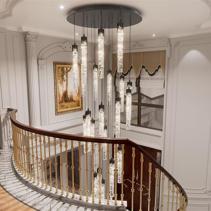 H150'' Modern Chandelier Modern Led Chandeliers Foyer Chandelier Stairs Large Chandelier Adjustable Black Chandeliers Pendant Lighting Fixture Hanging Ceiling Light