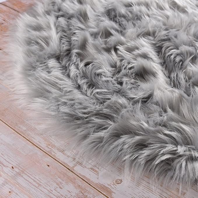 ORINOVA Silver Grey Washable Shaggy Round Rugs 6.6ft Large Faux Sheepskin Fur - Image 7