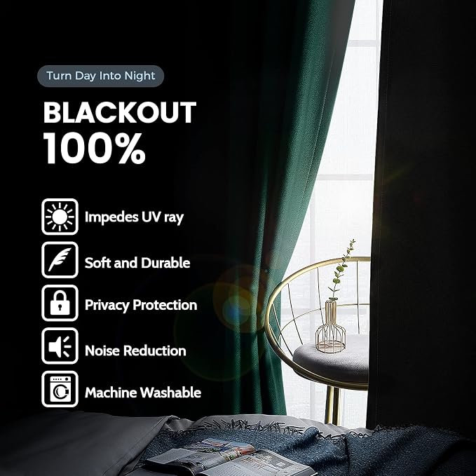 SimpleHome Dark Green 100% Blackout Curtains Room Darkening Living Room 36 | - Image 3