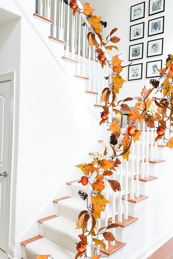Lvydec Fall Maple Leaves Garland Decoration -6ft Artificial Fall Foliage Garland with White Pumpkins Pine Cone Autumn Decor for Halloween Thanksgiving Home Table Decor