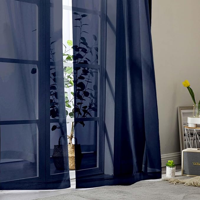 Navy Blue Sheer Curtains for Bedroom Living Room 45 Inch Length 2 Panels - Image 8