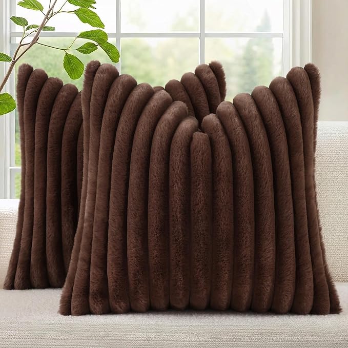 decorUhome Fall Faux Fur Throw Pillow Covers 20x20 Set of 2 Dark Brown | by decorUhome