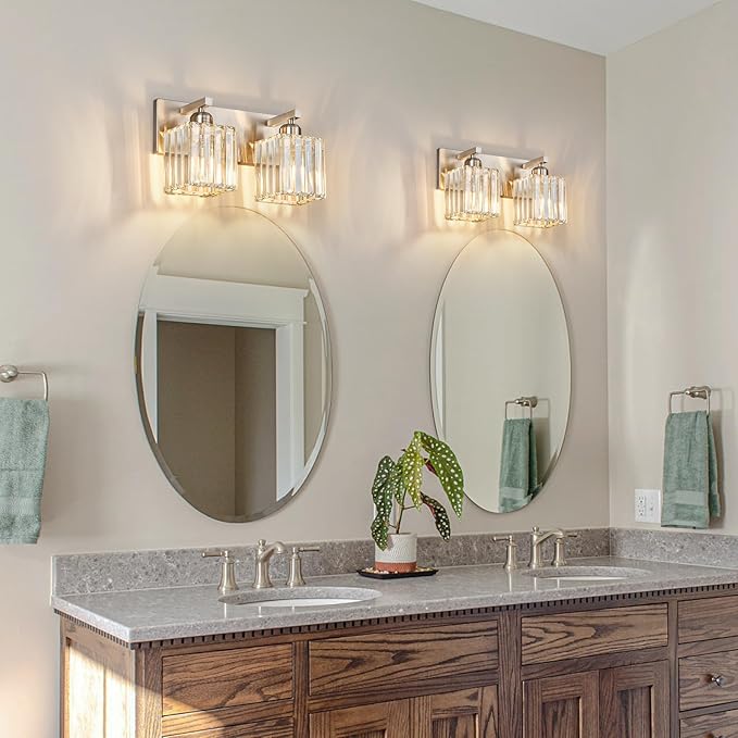 Modern Vanity Light 2-Lights Brushed Nickel Vanity Light Crystal Bathroom Wall Light Bathroom Light Fixtures