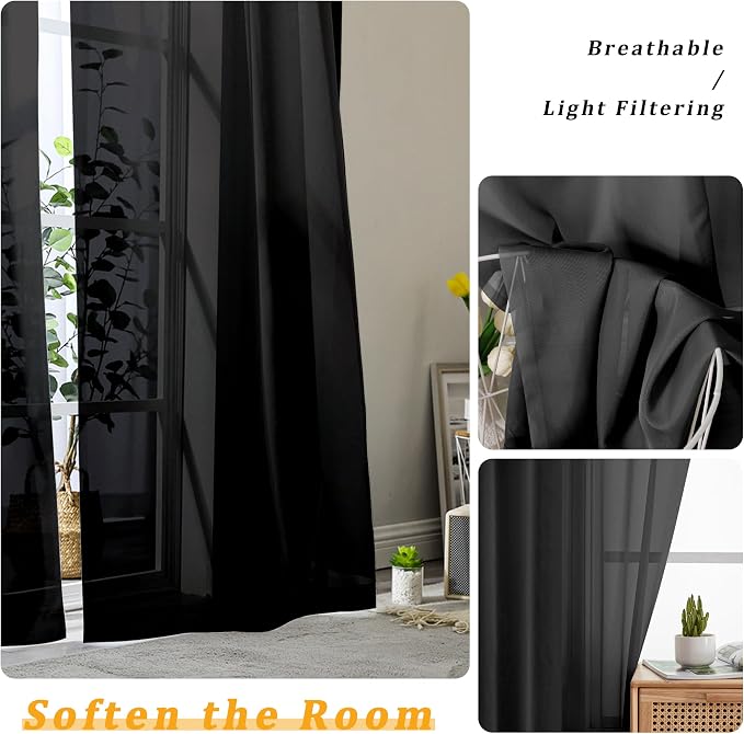 Gwine Black Sheer Curtain Tiers 24 Inch Length, Light Filtering Voile Short - Image 4