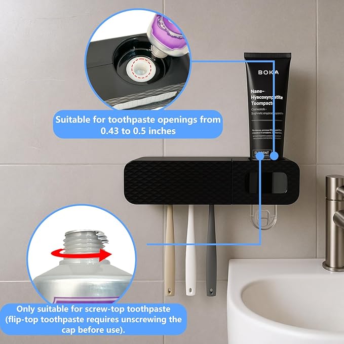 Smart Toothbrush Holder for Bathrooms, Toothbrush Cleaner Wall Mounted, Automatic Toothpaste Dispenser for Equipped with 3 Slots (Black)