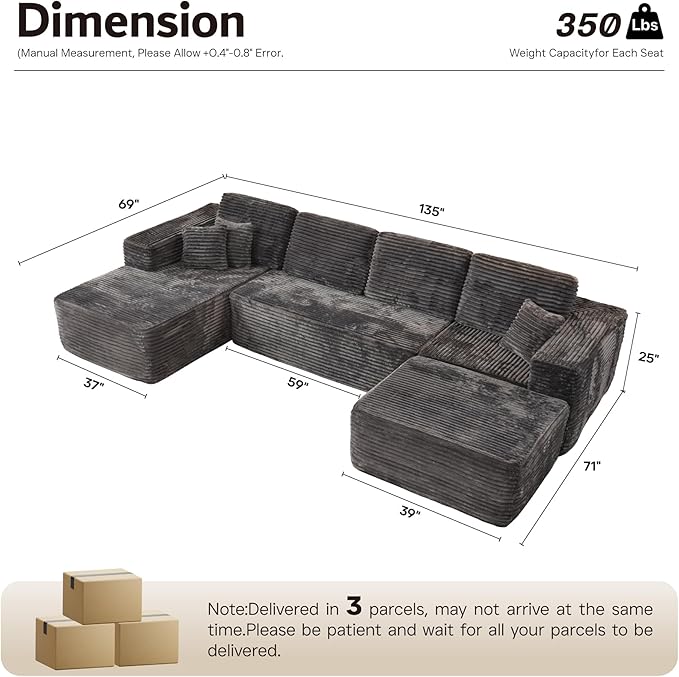ovios Sectional Cloud Couch for Living Room, Modular Floor Sofa with Plush Corduroy, No Assembly Required, Big Comfy Couches Set with Fluffy Memory Foam, Stupendous U Shaped Sofas with Chaise, Black
