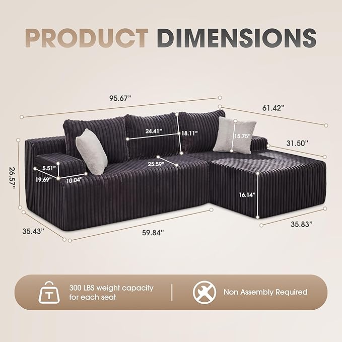 Hobestluk 96” Modular Sectional Sofa Couches L-Shape Couch 3 Seat Modular Sofa Memory Foam Sectional Couches for Living Room, Cloud Couch with Oversized Chaise (Grey, Stripe (Right Facing Chaise))