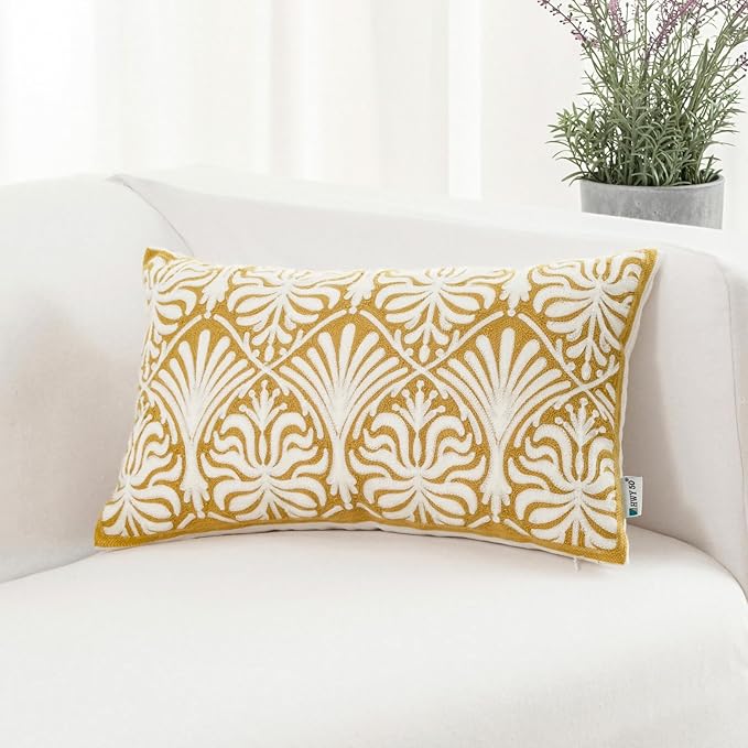 HWY 50 Mustard Yellow Decorative Lumbar Pillow Cover Rectangle 12x20 Inch (1 Piece), Embroidered Cotton Farmhouse Cushion Cover Pillow Case for Sofa Couch Living Room Bed, Minimalist Floral