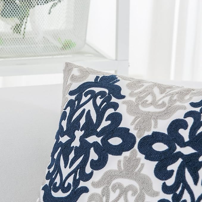 HWY 50 Navy Blue Decorative Throw Pillow Covers 18x18 Inch, Pack of 2 Embroidered Cotton Farmhouse Cushion Cover Pillow Case for Sofa Couch Living Room Bed Bedroon, Accent Geometric