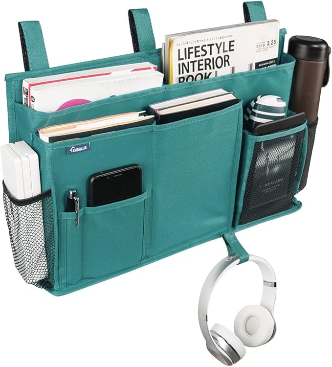 Surblue Caddy Hanging Organizer Bedside Storage Bag for Bunk and Hospital Beds, Teal, L