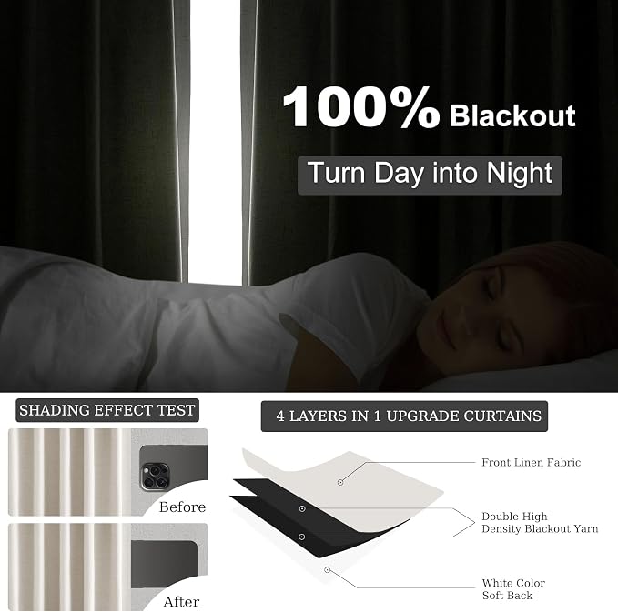 Topfinel 102 Inches Long Custom Blackout Linen Curtains, Soundproofing Pinch - Image 6