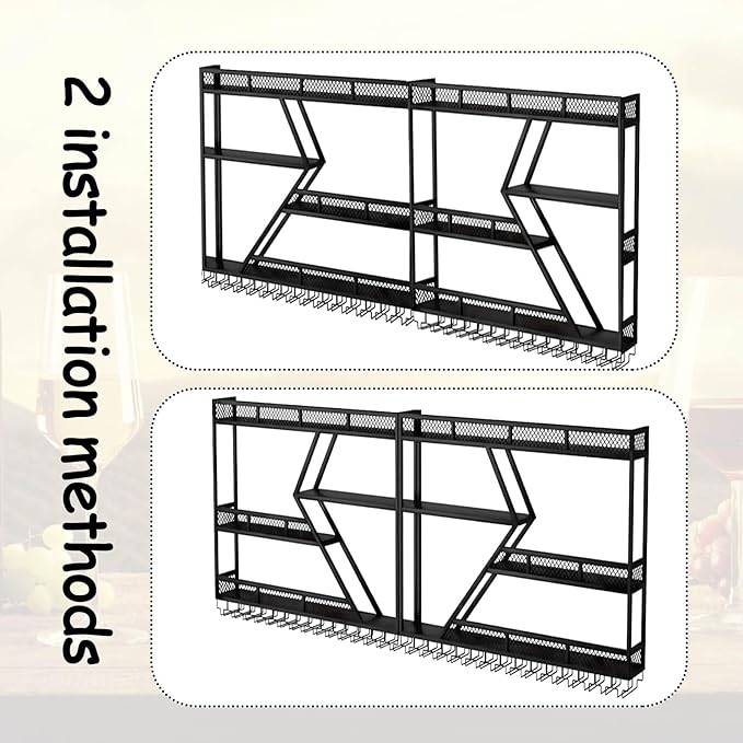 Wall Mounted Wine Rack with Glass Holder, 3-Tier Metal Storage Shelf, Black Diamond Design, Wine Bottle Display with Stemware Storage (Black, 39.37in/Right)