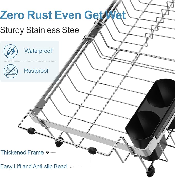 GSlife Expandable in Sink Dish Drying Rack - Capacity Adjustable Stainless Steel Over The Sink Dish Drainer with 2 Cup Holder and Utensil Holder for Kitchen Sink, 10.8"~17.9" L x 14.2" W, Silver
