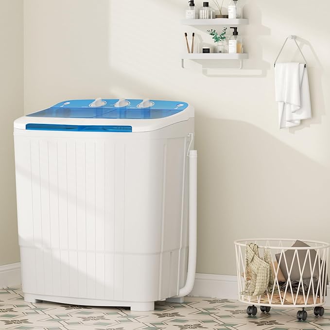 Greenvelly Portable Washing Machine, 16 Lbs Compact Mini Washer and Dryer Combo, Semi-automatic Twin Tub Washer with Drain Pump for Dorms, Apartments, RVs (Blue)