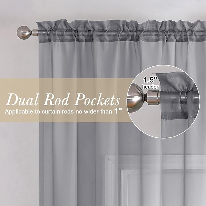Charcoal Grey Sheer Curtains 54 Inch Length 2 Panels, Light Filtering Voile - Image 2