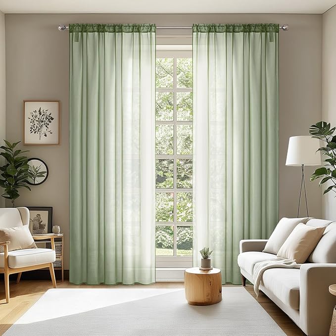 MIULEE 2 Panels Sage Green Sheer Curtains 96 inches Long Window Curtains Rod by MIULEE