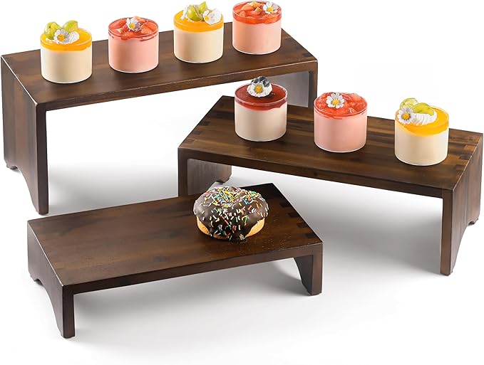 Acacia Wooden 3 Tier Cupcake Stand - Risers for Display for Food Buffet Risers and Stands – Food Stands for Display Party – Acacia Wooden Cupcake Stand - Set of 3 Size (Walnut Color)
