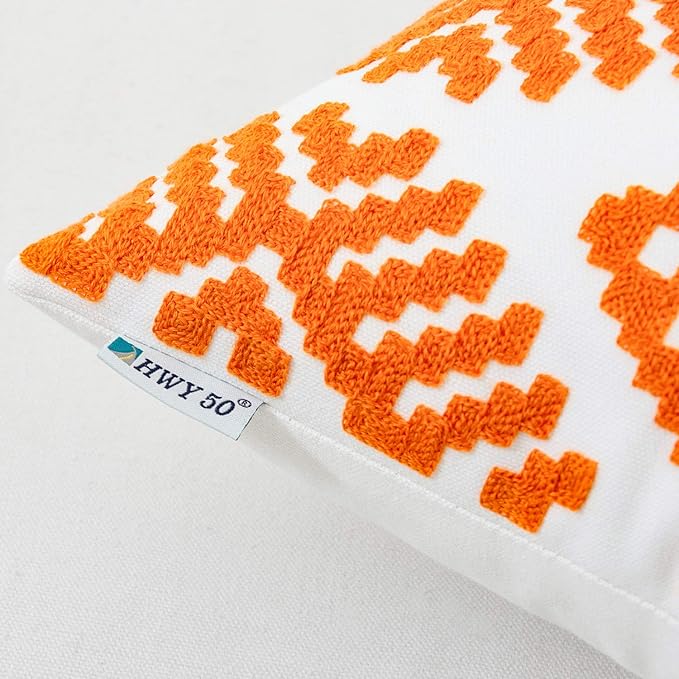 HWY 50 Orange Decorative Throw Pillow Covers 18x18 Inch, Pack of 2 Embroidered Cotton Farmhouse Cushion Cover Pillow Case for Sofa Couch Living Room Bed Bedroon, Modern Diamond Geometric