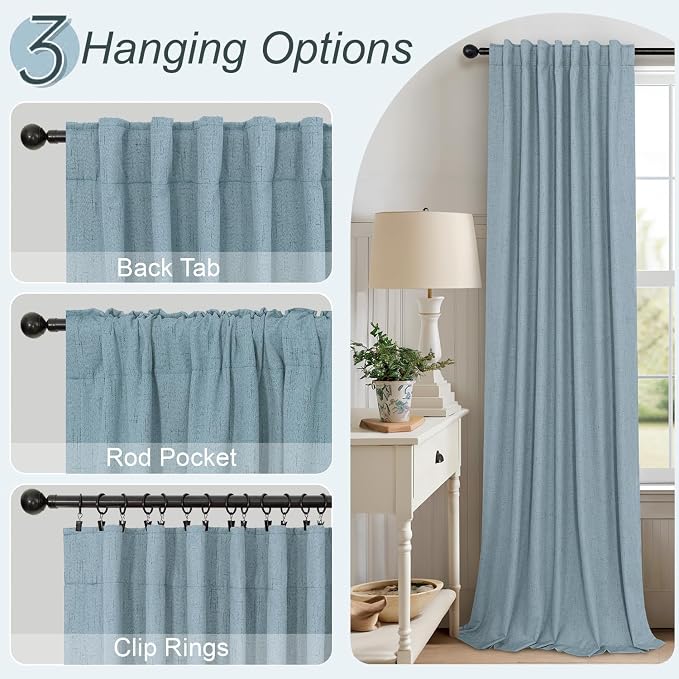 Slate Blue Curtains 108 Inches Long 2 Panel Burg 100% Blackout Boho Linen - Image 6