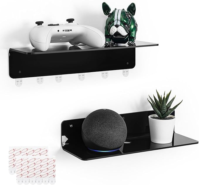 OAPRIRE Black Acrylic Floating Shelves Set of 2 - Damage Free Expand Wall Space - 12 Inch Wall Shelves with Strong Adhesive for Bathroom, Bedroom, etc
