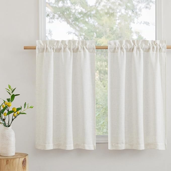 RYB HOME Flax Linen Curtains 24 inch Length, Semi Sheer Window Topper Tiers by RYBHOME