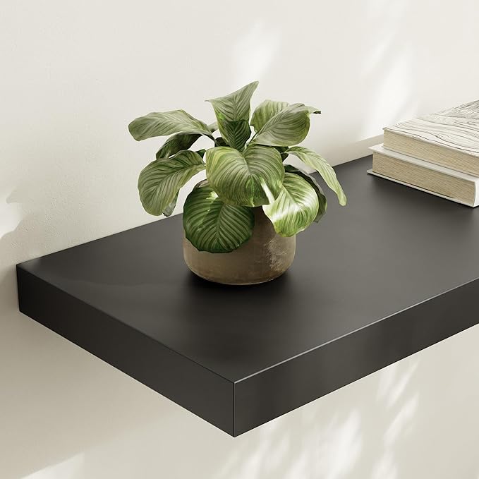 Large Floating Shelves for Wall Set of 3 Wooden Wall Shelves 24 in x 12.75 in x 2 in Room Decor Long Shelf with Invisible Wall Mount Bracket for Bedroom Kitchen Living Room Black