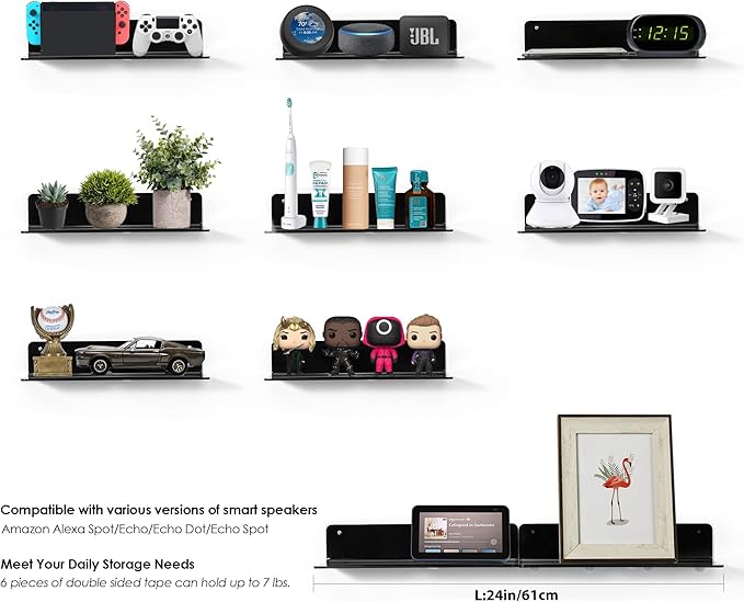 OAPRIRE Black Acrylic Floating Shelves Set of 2 - Damage Free Expand Wall Space - 12 Inch Wall Shelves with Strong Adhesive for Bathroom, Bedroom, etc