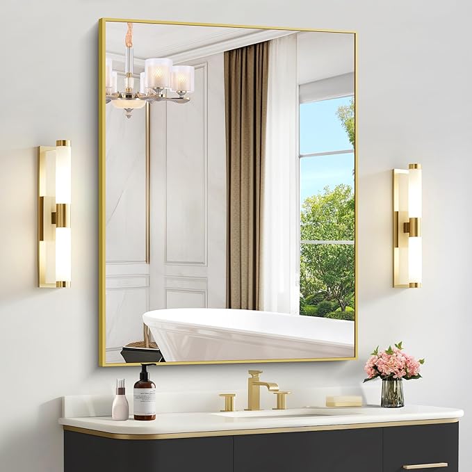36x48inch Bathroom Mirror, Gold Rectangle Mirror with Thin Metal Frame, Large Rectangular Wall Mirrors for Bathroom, Living Room, Hair Salon, Big Farmhouse Mirror Hang Horizontal/Vertical