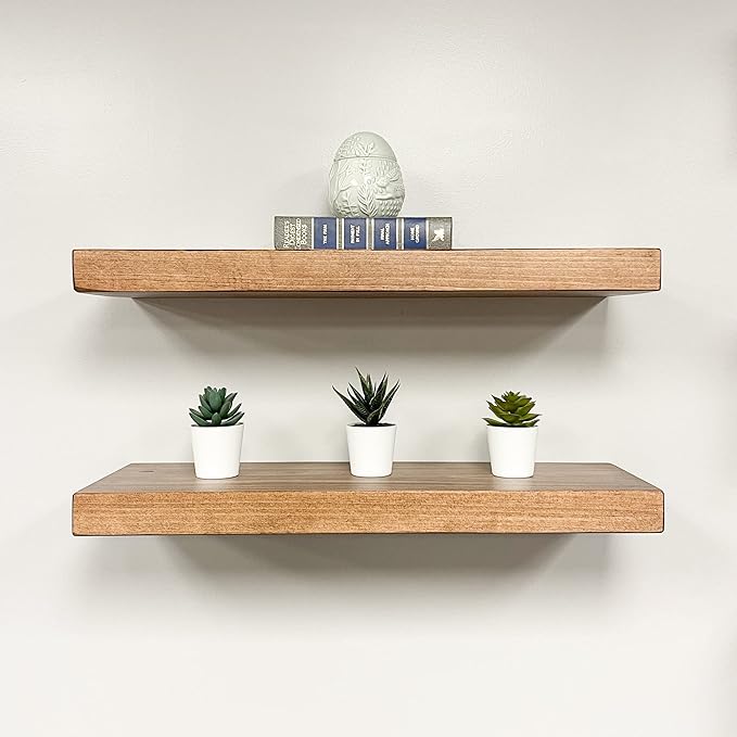 URBANDI, Rustic Floating Shelves, Set of 2, Hidden Bracket, Solid Wood, Heavy Duty, Wall Mounted Shelves, (Brown, 48Wx12D)