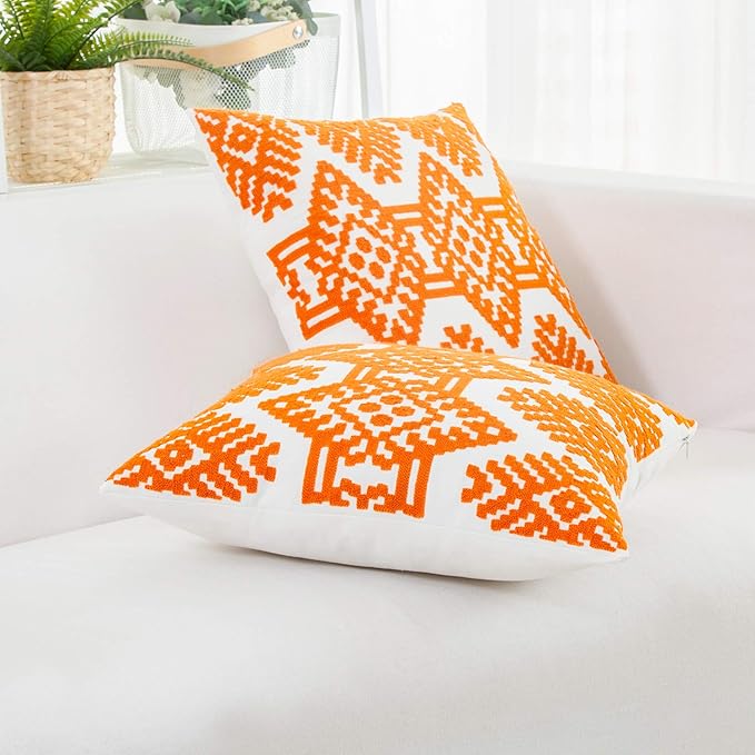 HWY 50 Orange Decorative Throw Pillow Covers 18x18 Inch, Pack of 2 Embroidered Cotton Farmhouse Cushion Cover Pillow Case for Sofa Couch Living Room Bed Bedroon, Modern Diamond Geometric