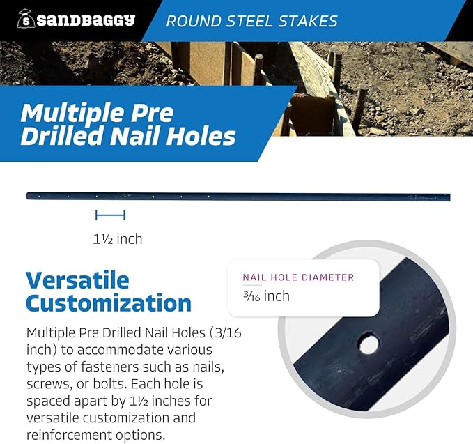 Sandbaggy Round Steel Concrete Form Stakes with Nail Holes - Rust Resistant Coating - Removable, Reusable (100, 3/4 in X 48 in)