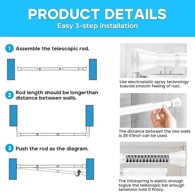 AIZESI Spring Tension Rods Adjustable Tension Curtain Rod Small Tension Rod No - Image 6