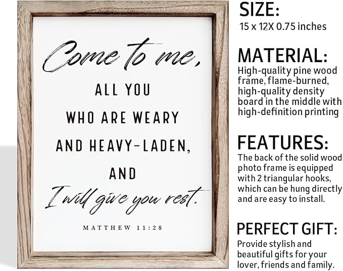 Christian Wooden Wall Signs, Living Room Decor, Bedroom Signs, Scripture Home Decor, Bible Verse Decoration, Framed Wall Plaque Sign 15 * 11.5 inches, Come to Me Sign