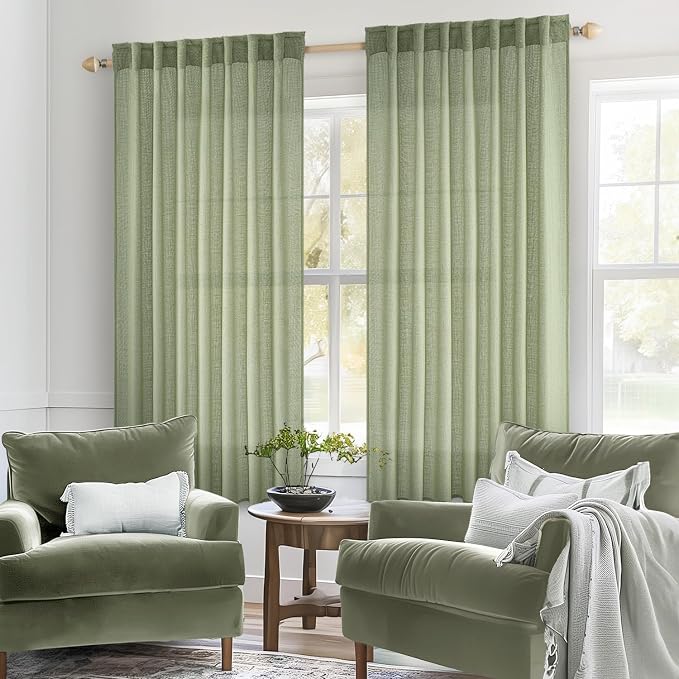 MIULEE Sage Green Linen Curtains 54 Inch Length 2 Panels - Image 2