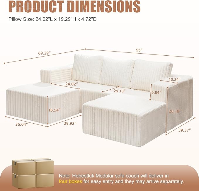 Hobestluk Modular Sectional Sofa Memory Foam Couch Oversized Sectional Sofa 3-Seater with Chaises Cloud Couch with Removable Cover U Shaped Sofa for Living Room (Strip White, U Shape)