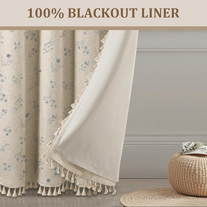 Boho Floral Spring 100% Blackout Curtains 84 Inch Length 2 Panels Set, Linen - Image 6