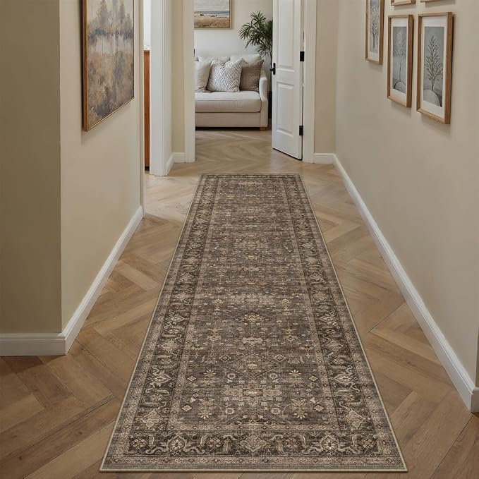 2'6x12 Washable Runner Rug for Hallway Kitchen Vintage Brown Non Slip Low Pile - Image 5
