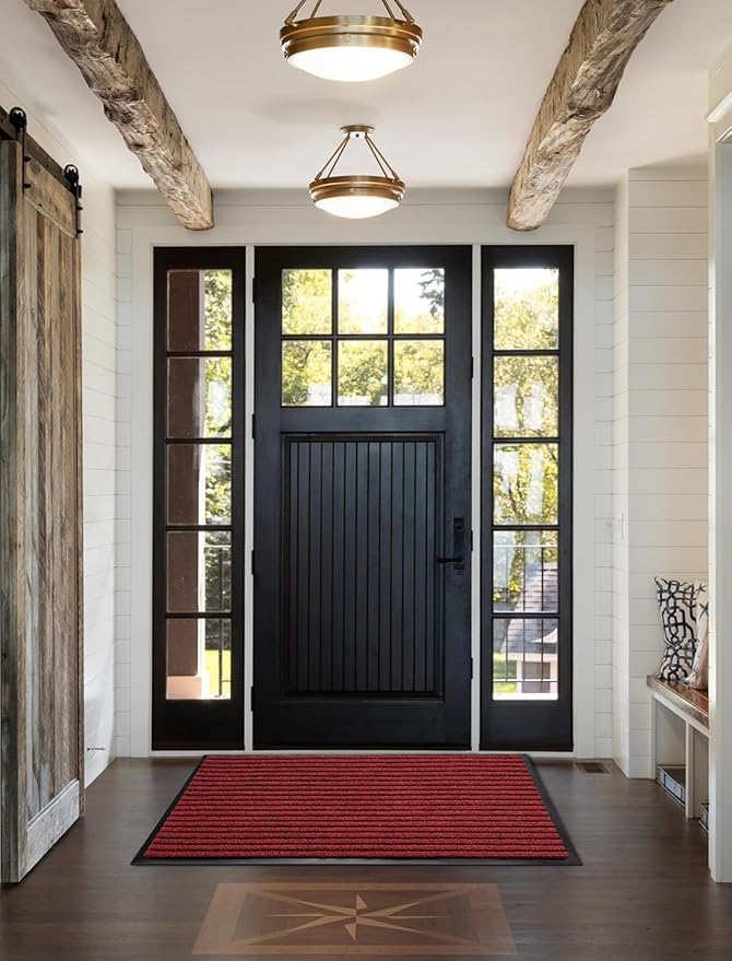 Yimobra Front Door Mat Outdoor Indoor Entrance, 100% Waterproof All-Season All Weather Doormat, Welcome Matt Outside Entry, Non Slip, Low Profile, Heavy Duty Patio Porch Floor Mats,47 x 32,Black Red