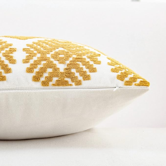 HWY 50 Mustard Yellow Decorative Throw Pillow Covers 18x18 Inch, Pack of 2 Embroidered Cotton Farmhouse Cushion Cover Pillow Case for Sofa Couch Living Room Bed Bedroon, Modern Diamond Geometric