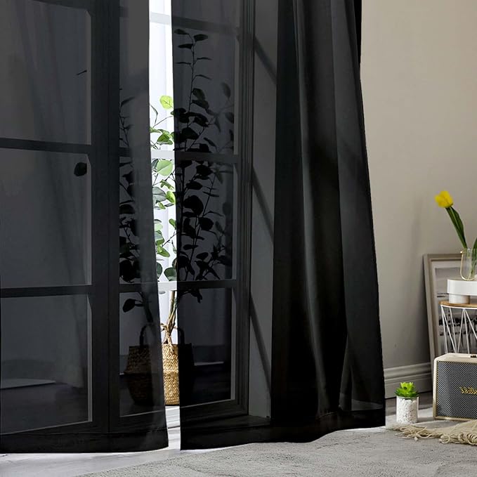 Sheer Black Curtains for Bedroom Living Room 90 Inches Long 2 Panels Set - Image 9