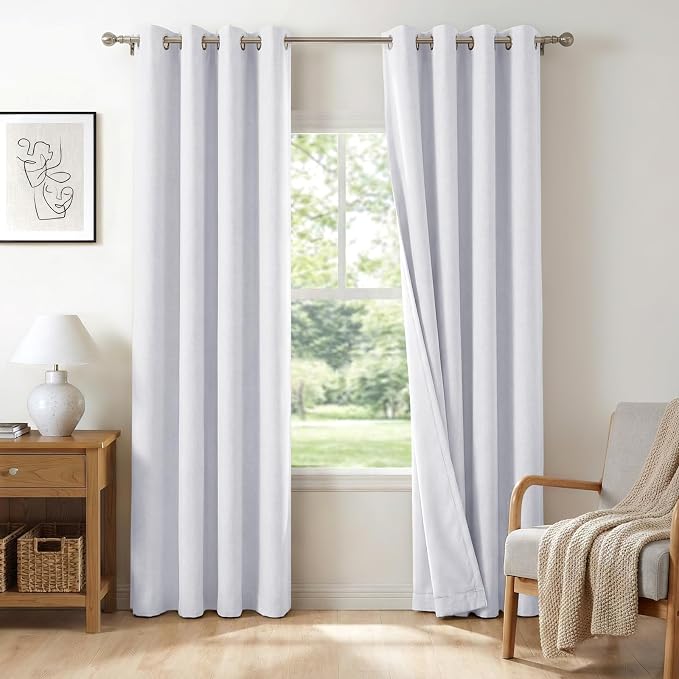 100% Blackout Linen Textured Curtains 108 Inch Long, Bright White | 100% by 100BlackoutShield