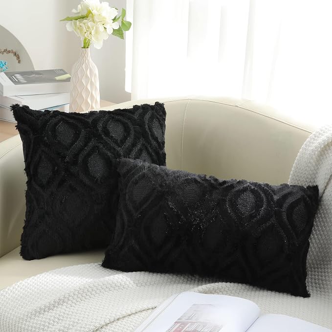 decorUhome Throw Pillow Covers 22x22 Inch Set of 2, Soft Plush Faux Wool Black - Image 6