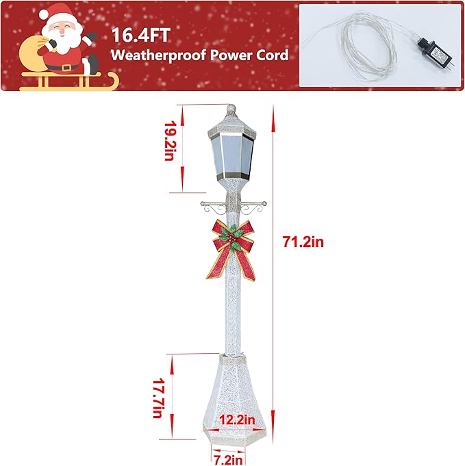 BlueWish 6FT Christmas Decorations Outdoor, Pre-Lit Lighted Xmas Decor with Removable Decorative Bow, Lighted Post Christmas Decoration with Waterproof Lights Cold White for Outdoor and Indoor