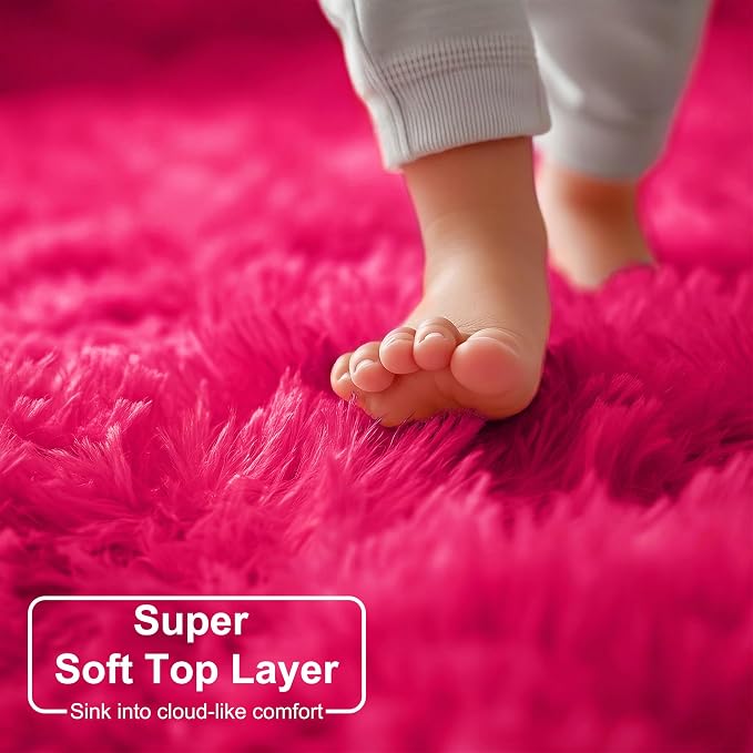 Amdrebio Hot Pink Shaggy Small Round Rug 3Ft - Image 3