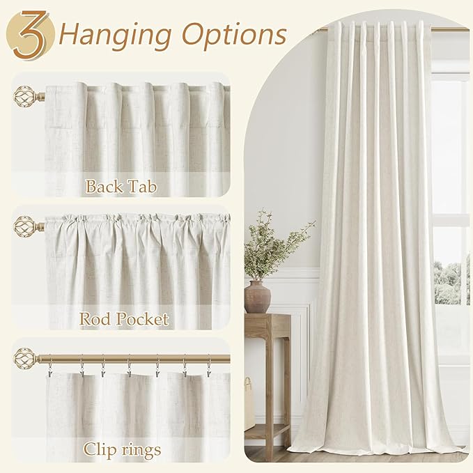 100% Blackout Linen Curtains for Bedroom 96 Inches Long 8 FT Natural Cream - Image 6