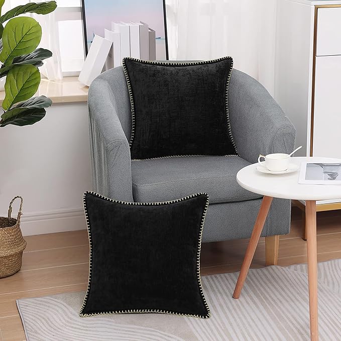 decorUhome Chenille Soft Throw Pillow Covers 26x26 Set of 2, Farmhouse Velvet Neutral Decorative Euro Pillow Covers with Stitched Edge for Couch Sofa Bed Home Decor, Black